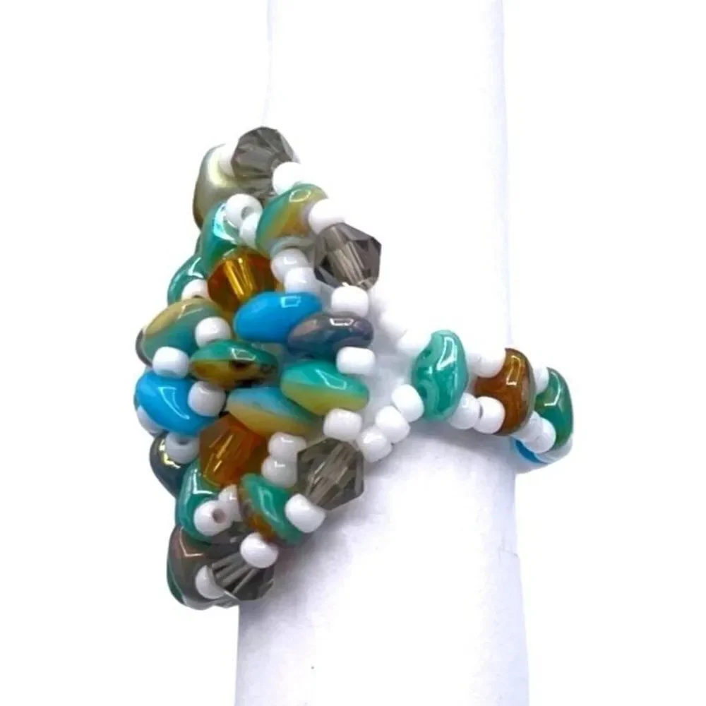 Multi Blue and Cream with White and Gray Crystal Beaded Statement Ring Size 7.5